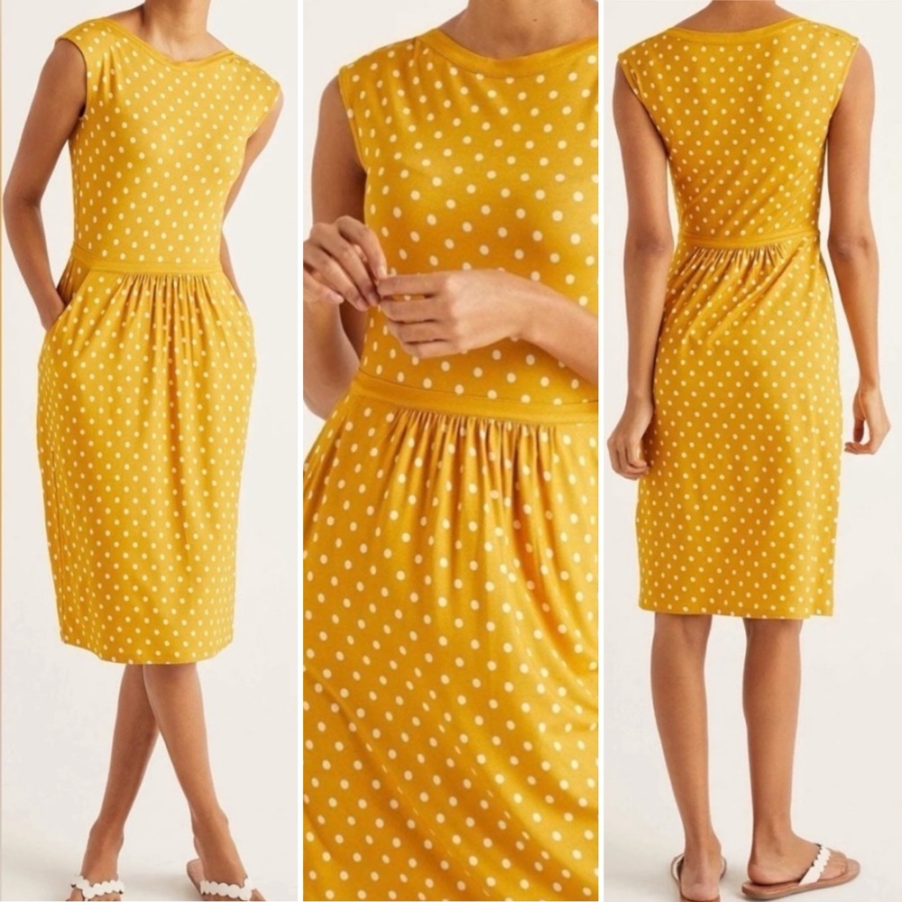 BODEN Yellow & White Jersey Polka Dot Midi Dress Size 4 summer preppy casual